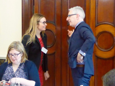 DPI Direct of Programmes Eleanor Johnson speaks with Mr Kevin Kelly, Director of the Conflict Resolution Unit in the Irish Department of Foreign Affairs, at the Iveagh House in Dublin.