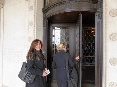 DPI participants, Ms Nurcan Baysal and Ms Sacha Moreira, Development and Funding Manager for DPI enter the Stormont House in Belfast.