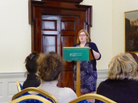 Ms Sarah McGrath of the Irish Department of Foreign Affairs speaks with participants about Ireland's role in the Good Friday Agreement at the Iveagh House in Dublin.