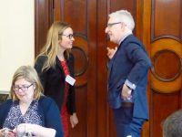 DPI Direct of Programmes Eleanor Johnson speaks with Mr Kevin Kelly, Director of the Conflict Resolution Unit in the Irish Department of Foreign Affairs, at the Iveagh House in Dublin.