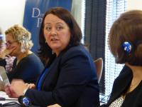 Ms Paula Bradley, DUP MLA, answers participant questions at a meeting in the Europa Hotel in Belfast.