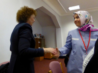 Ms Carál Ní Chuilín shakes hands with Ms Ayşe Kotak after the meeting at Stormont House.
